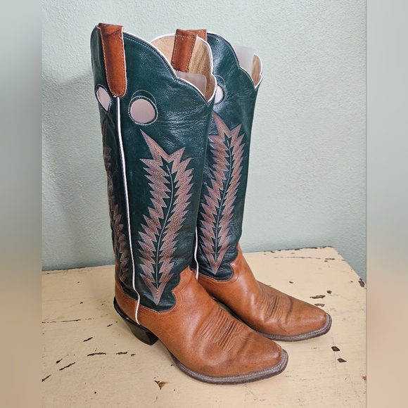 Vintage Sanders Tall Bukaroo Green and Brown Western Cowboy Boots